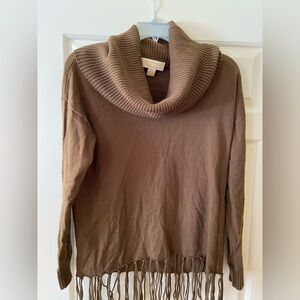 Brown cowl neck Michael Kors sweater with fringe. Brown.